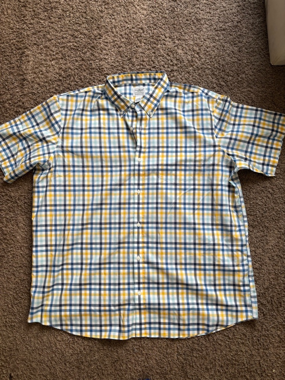 L.L. Bean Short-Sleeve Plaid Button-Down Shirt in Blue and Yellow